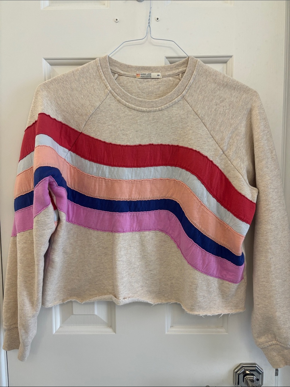 Marine Layer Archive Sweater Beige Rainbow Wave Stripe Cropped Oh Hey